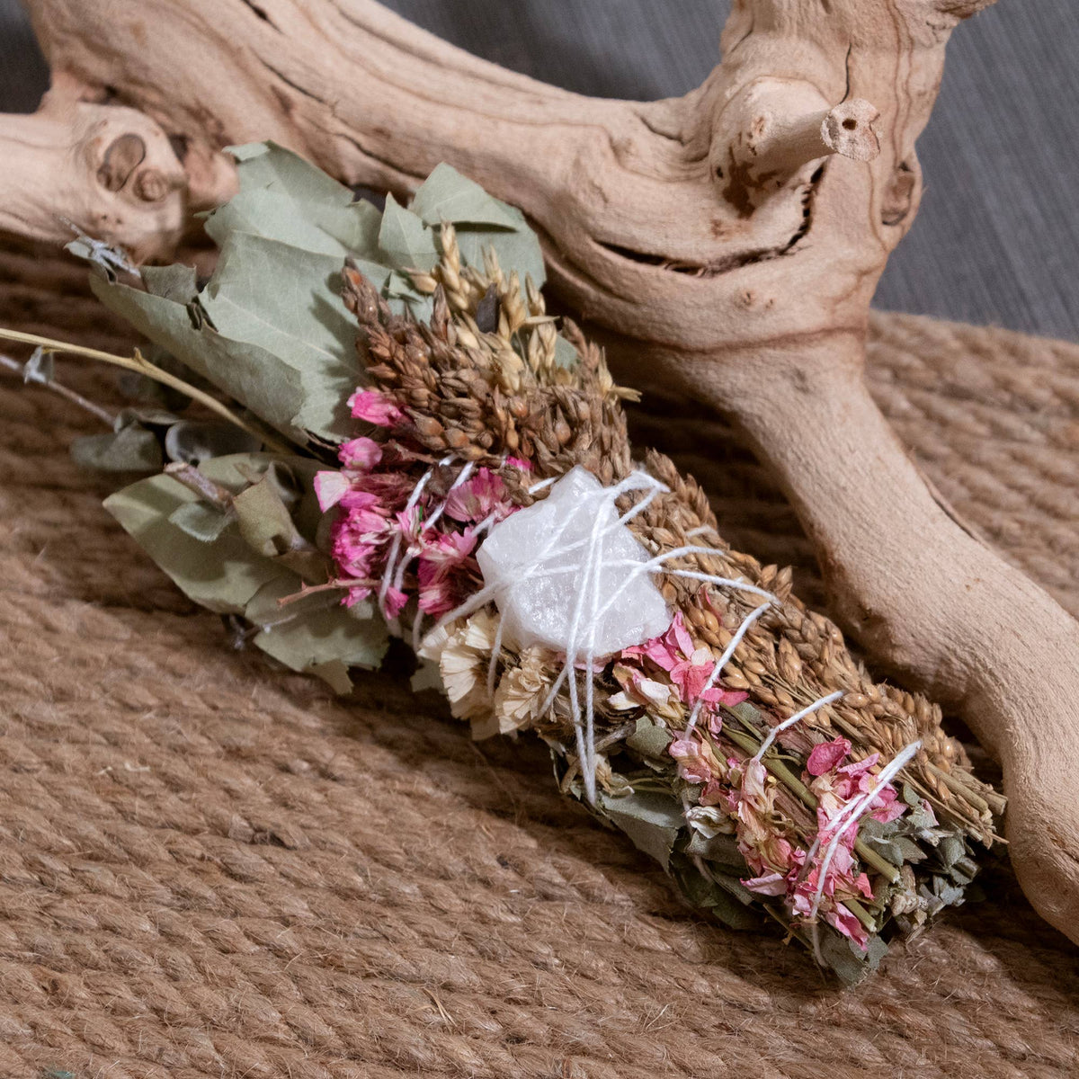 6&quot; Pink Flower Floral Smudge Wand with Quartz Crystal