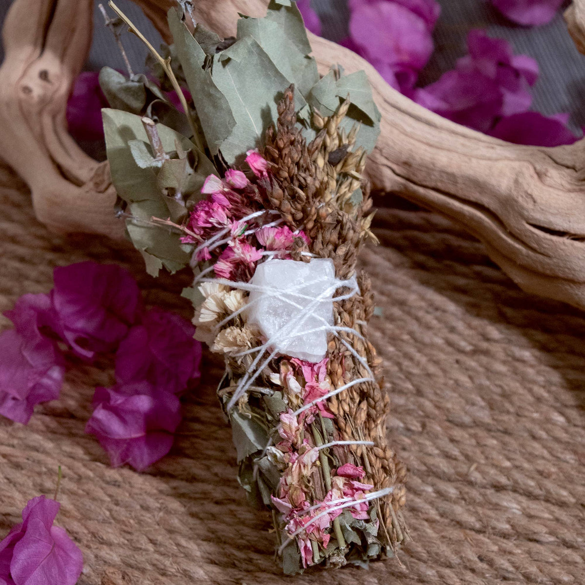 6&quot; Pink Flower Floral Smudge Wand with Quartz Crystal